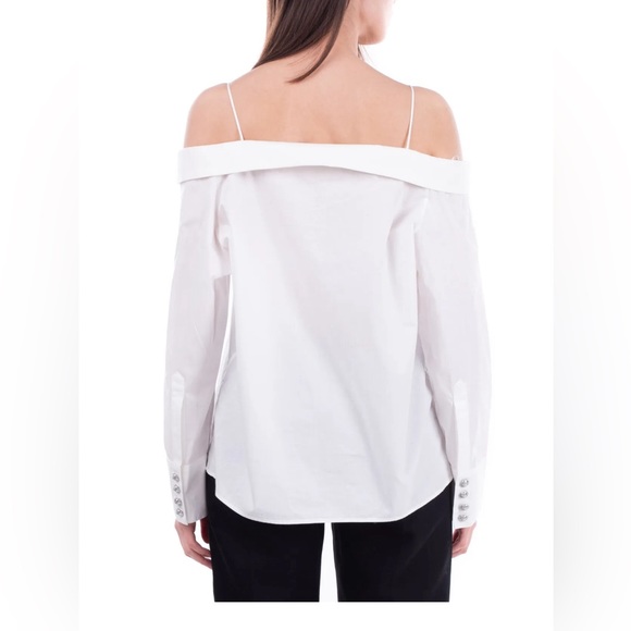 $1464 BALMAIN Off Shoulder white Shirt FR38 US6  M Branded Buttons Overlay NWT - Picture 4 of 6